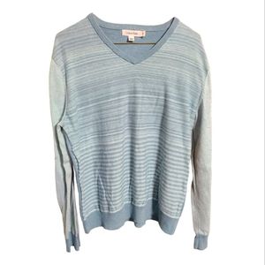 Calvin Klein Seafoam Gray Mint Green Stripes Cotton Blend V-Neck Sweater